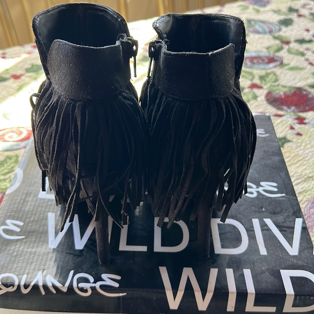 Black Suede Fringe Heeled Booties - Picture 3 of 10